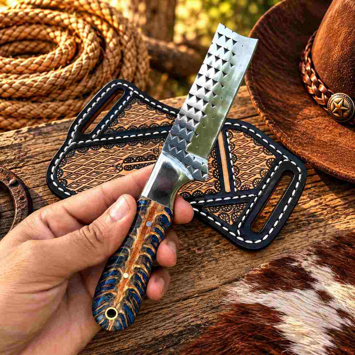 Custom Handmade 6.5-Inch Horse Rasp Stainless Steel Bull Cutter Knife with Resin Pinecone Handle & Leather Sheath