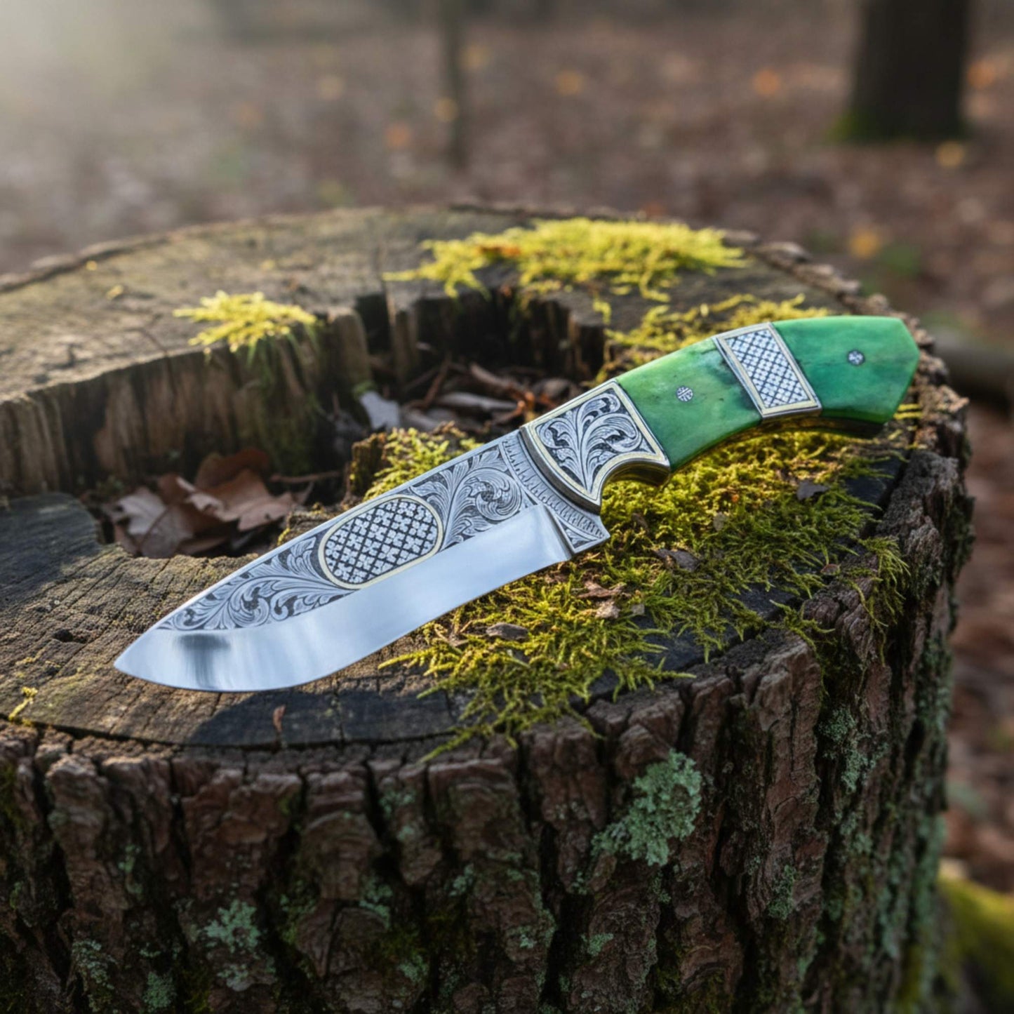 engraved d2 hunting knife with brass inlay and camel bone handle on outdoor wood surface