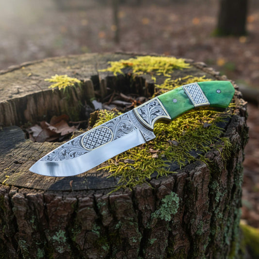 engraved d2 hunting knife with brass inlay and camel bone handle on outdoor wood surface