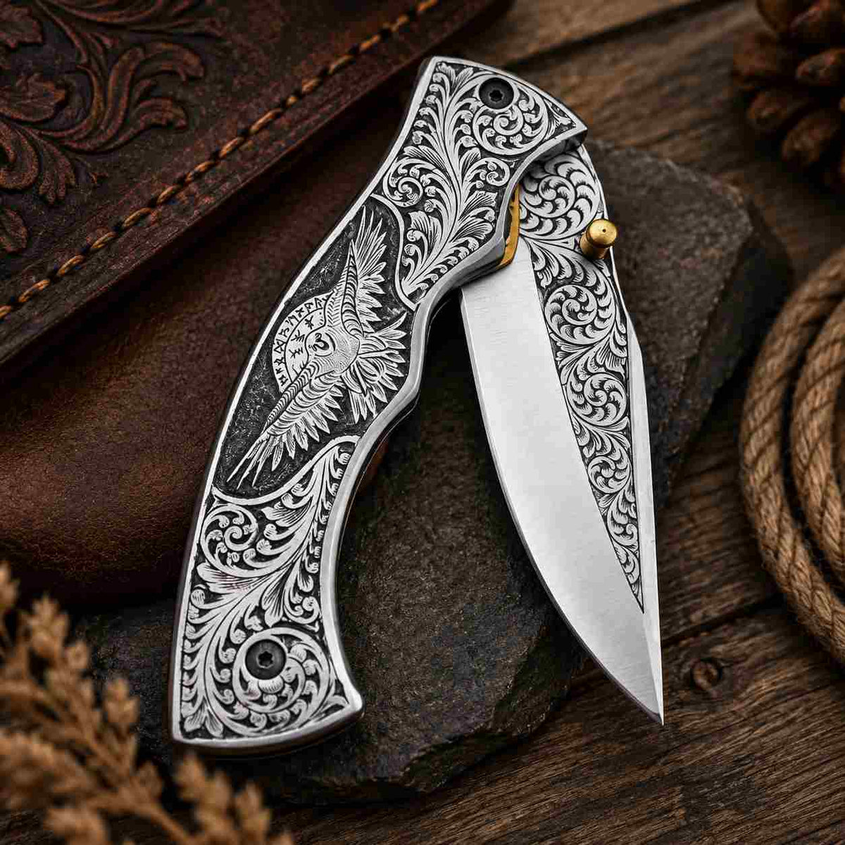 Engraved Viking pocket knife featuring raven artwork and decorative handle