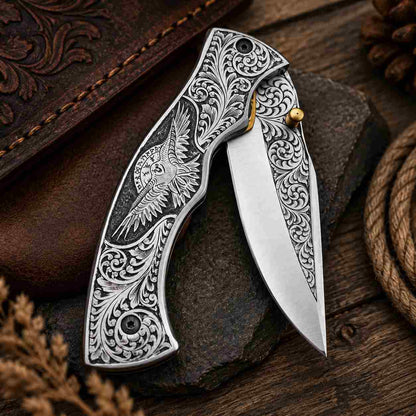 Engraved Viking pocket knife featuring raven artwork and decorative handle