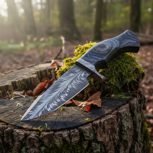 Feather Damascus Hunting Knife with Pakka Wood Handle