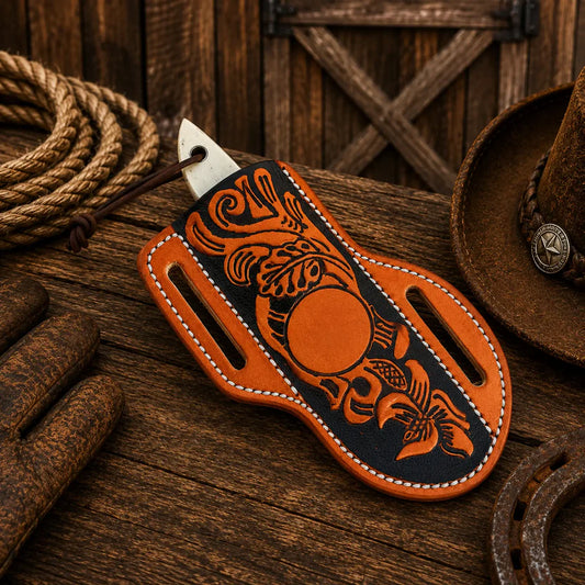 Fixed blade western knife with tooled leather sheath