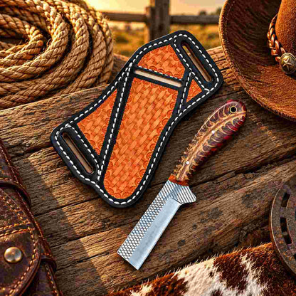 Red and navy leather sheath with floral tooling, dark edging, and contrasting white stitching