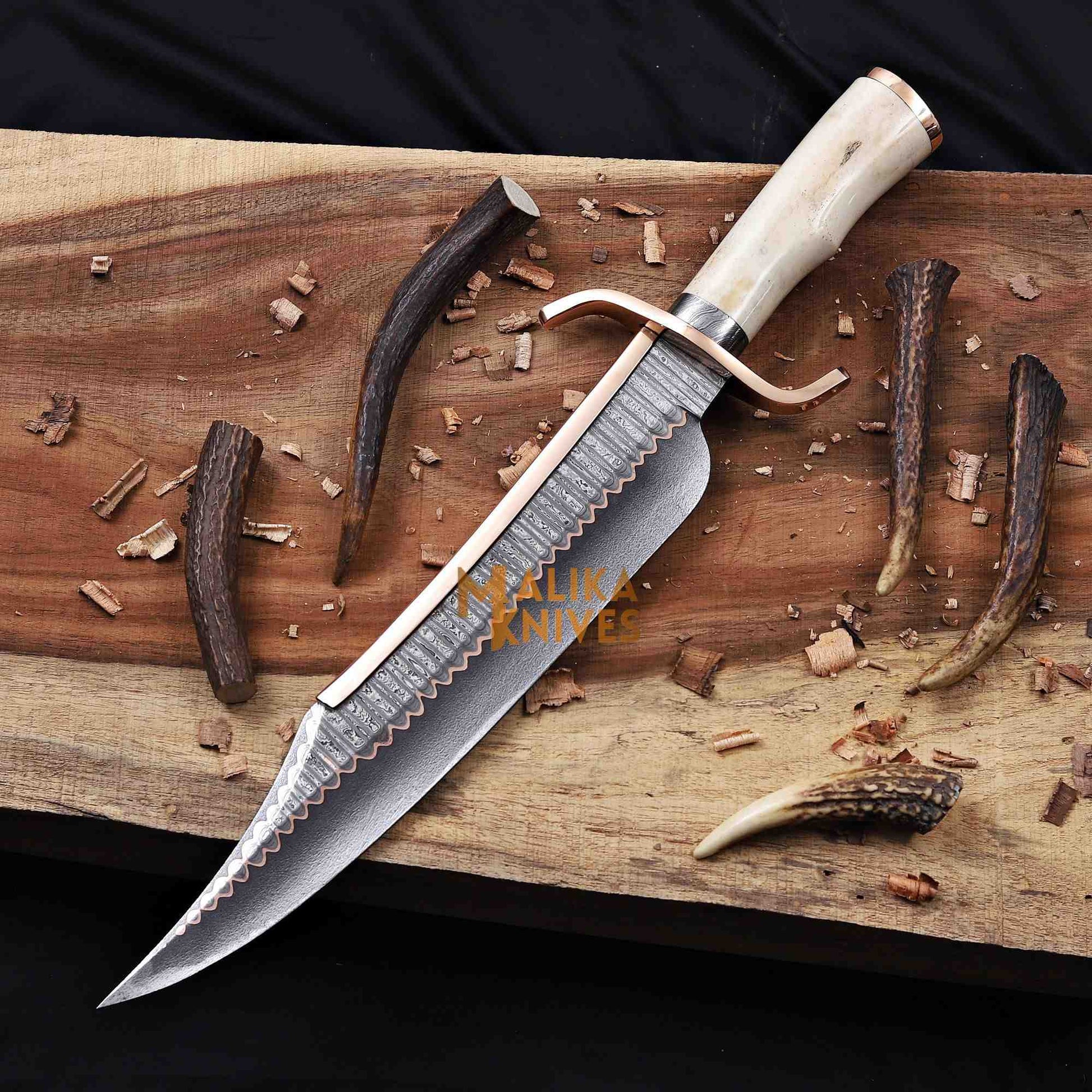 Full view of copper damascus Jim bowie knife 