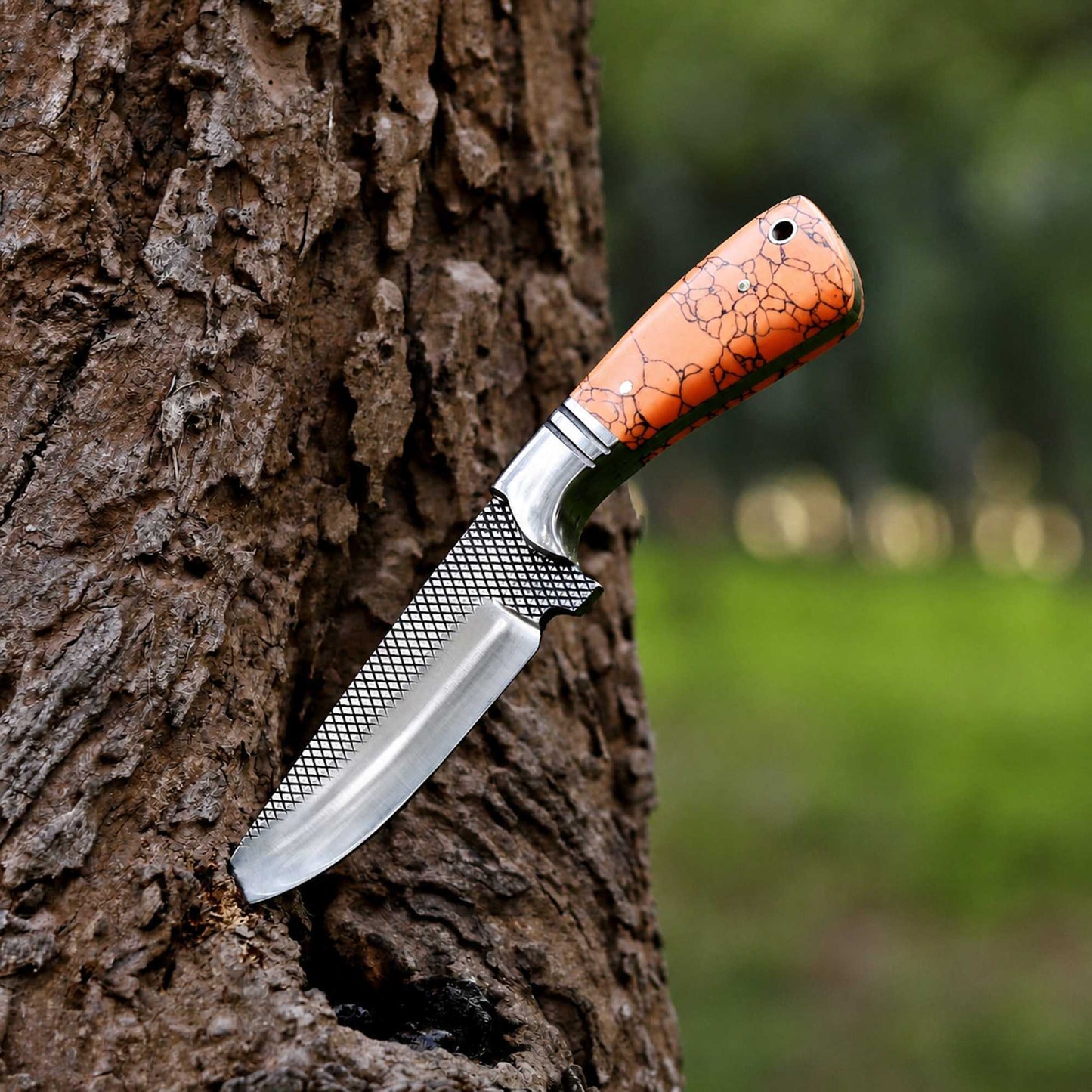Full cowboy hunting knife with turquoise handle and leather sheath