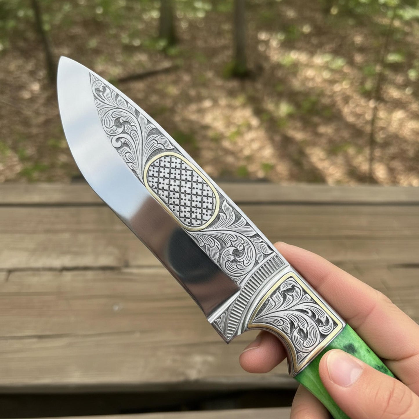 Hand engraved d2 hunting knife with brass inlay blade close up