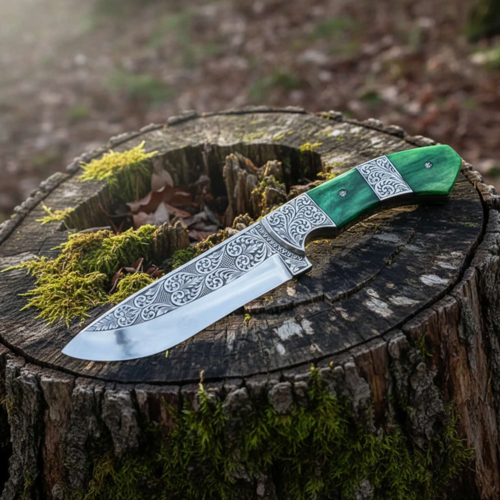 hand engraved hunting knife with D2 steel blade and tinted camel bone handle outdoor use