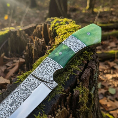 hand engraved hunting knife handle close up camel bone & hand engraved bolster handle outdoor use