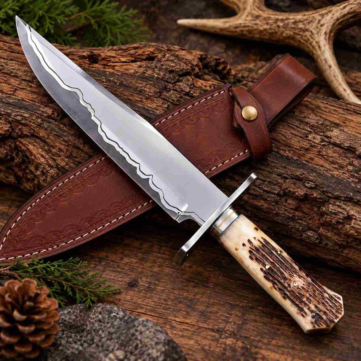 Hand forged 1095 15N20 Damascus steel Bowie knife with polished guard