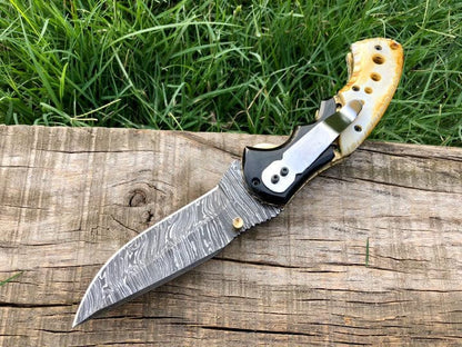 Hand Forged Damascus Folding Knife With Bull Horn Handle & Leather Sheath