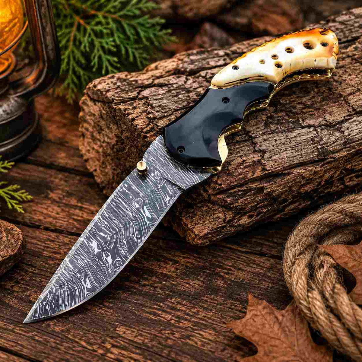 Hand forged Damascus folding knife with bull horn and burnt camel bone handle

