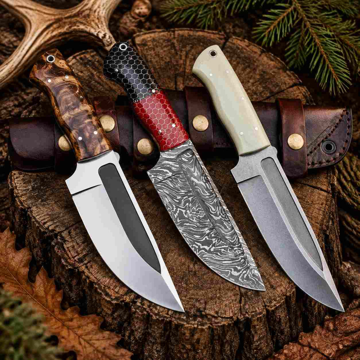 Hand forged Damascus hunting knife with red and black resin handle