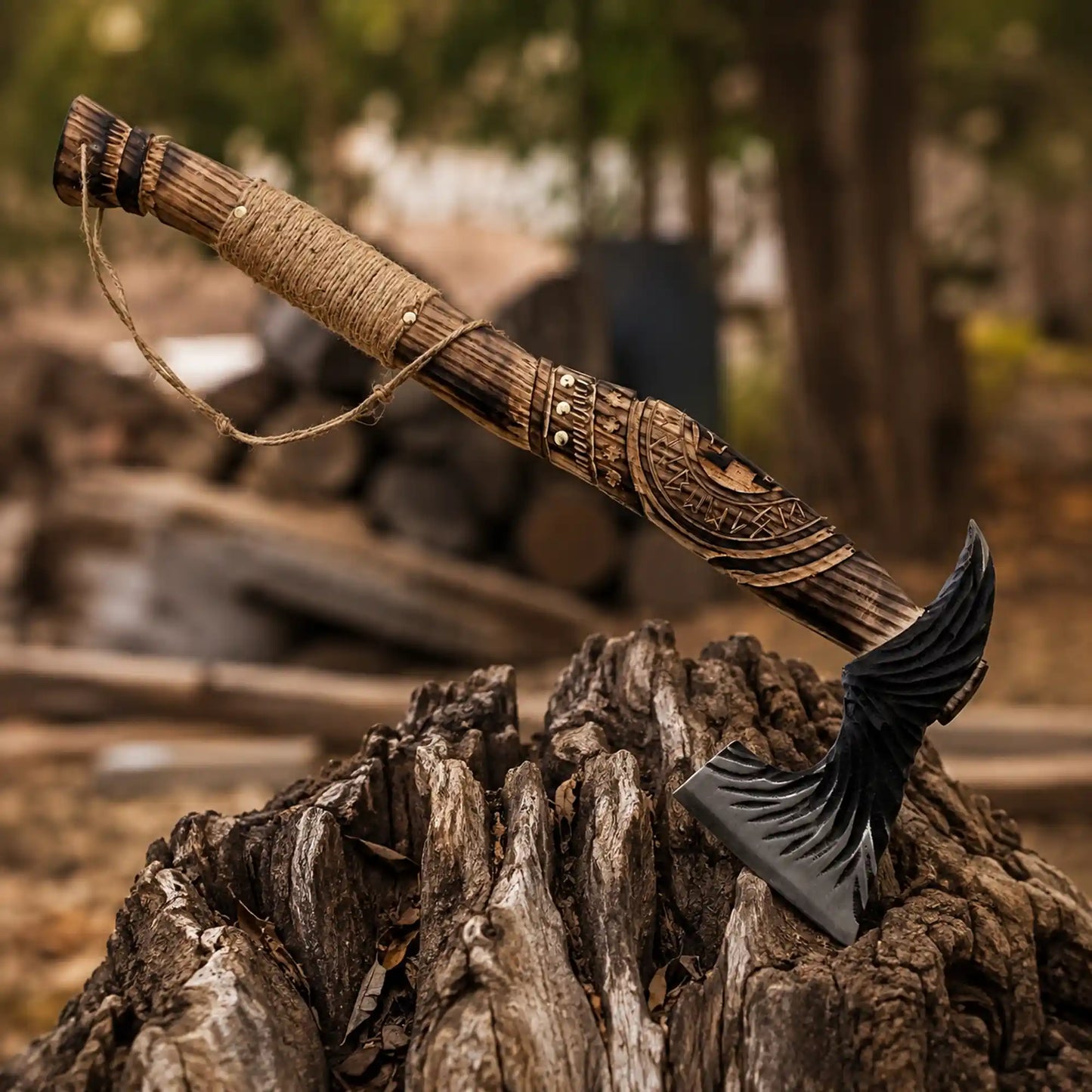 Viking bearded axe with carved feather-textured head and rune-carved twine-wrapped ash handle on a stump