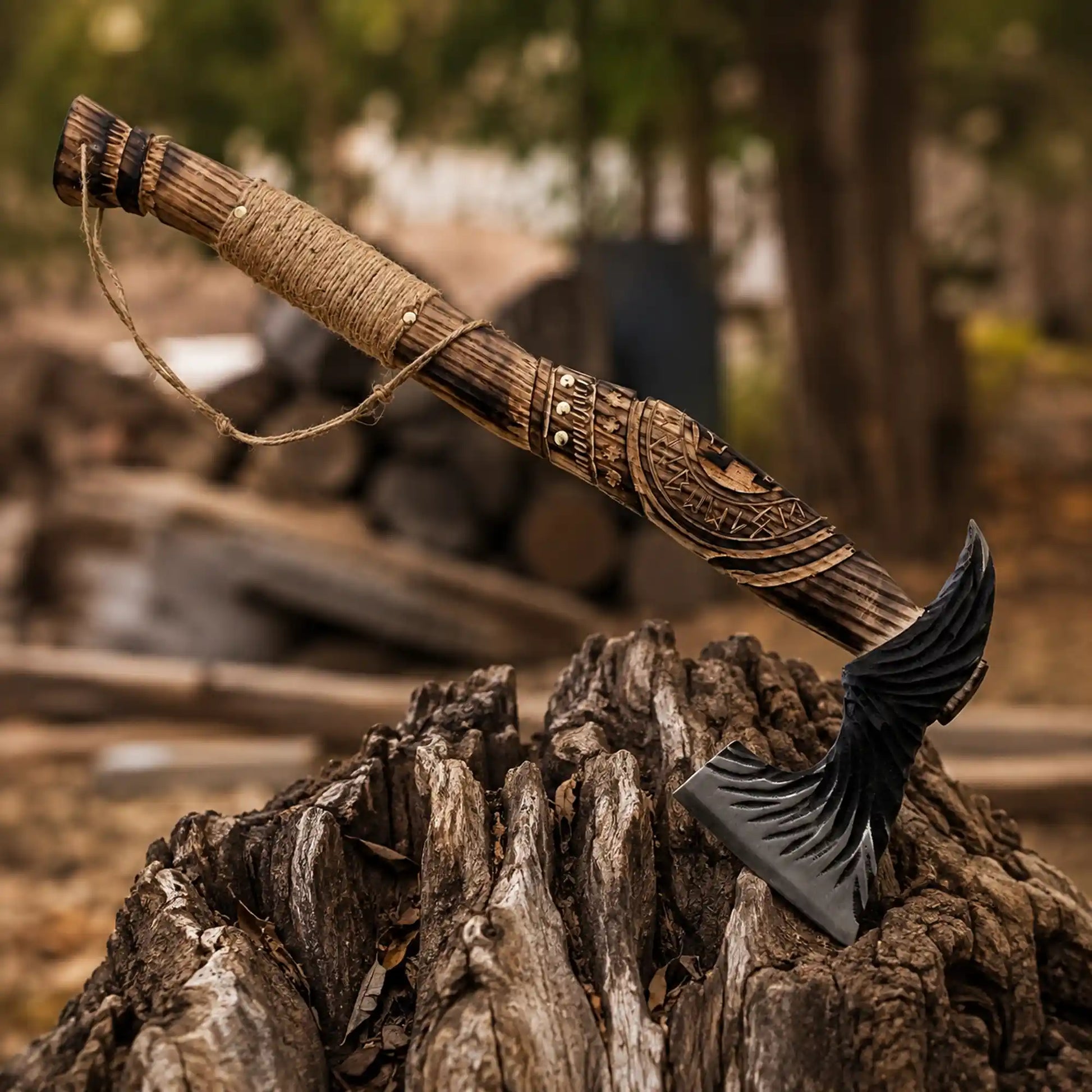 Viking bearded axe with carved feather-textured head and rune-carved twine-wrapped ash handle on a stump
