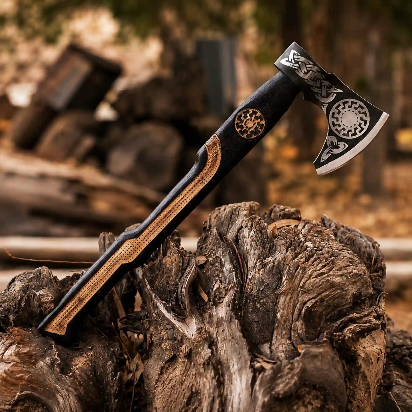 Viking bearded axe with Norse sunwheel and Valknut engraved head and inlaid ash handle on a stump