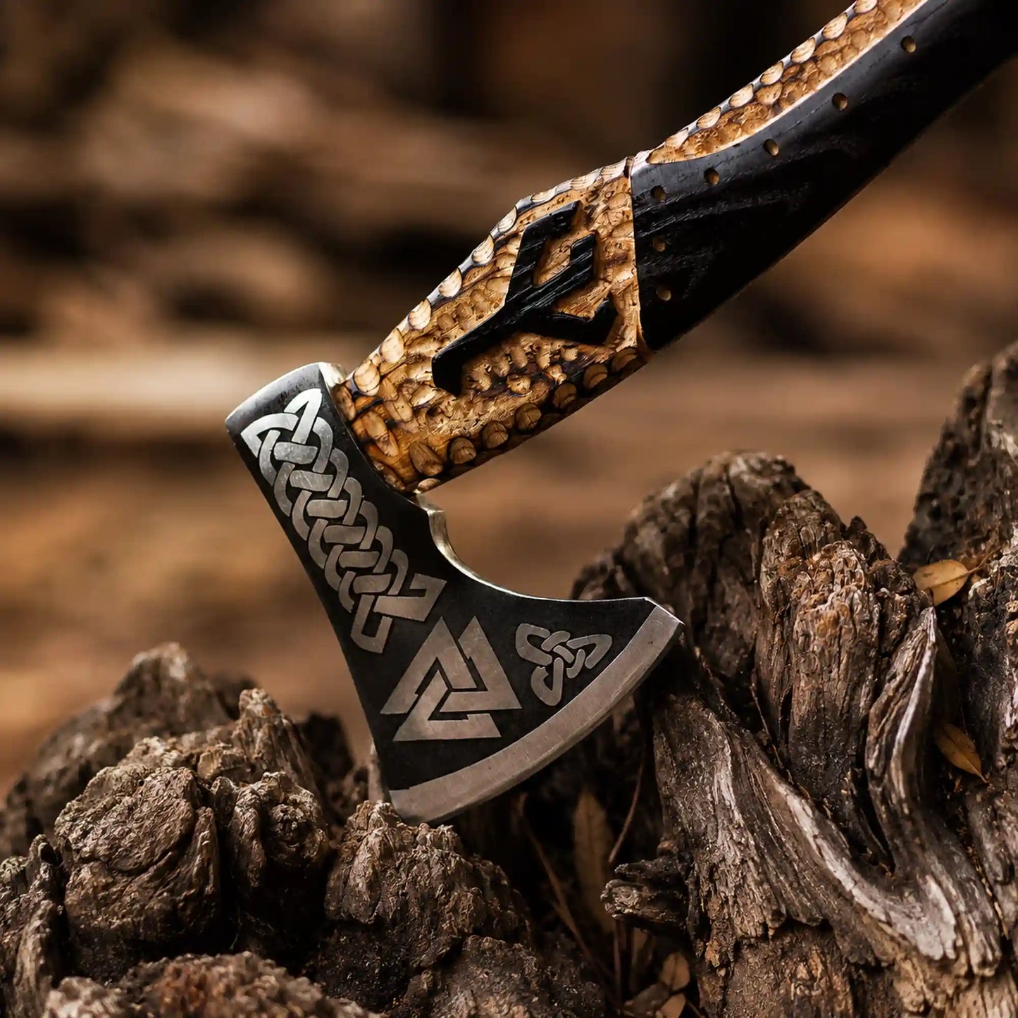 Viking bearded axe with Valknut and Celtic knotwork engraved head and carved two-tone ash handle