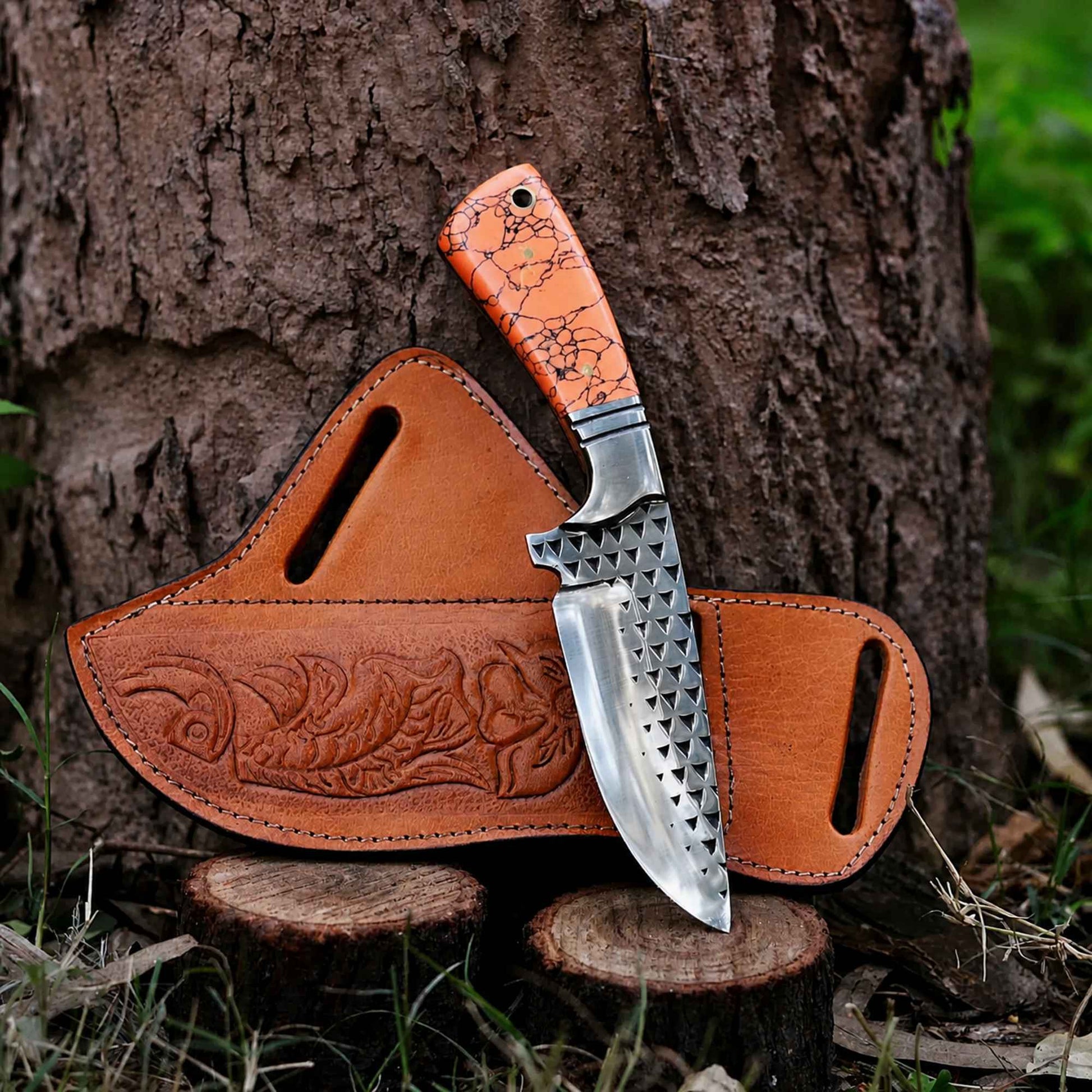 Hand tooled cowhide leather pancake sheath for cowboy hunting knife