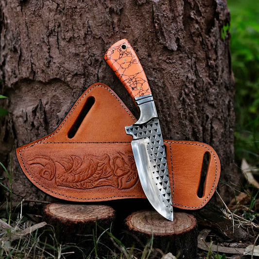 Hand tooled cowhide leather pancake sheath for cowboy hunting knife