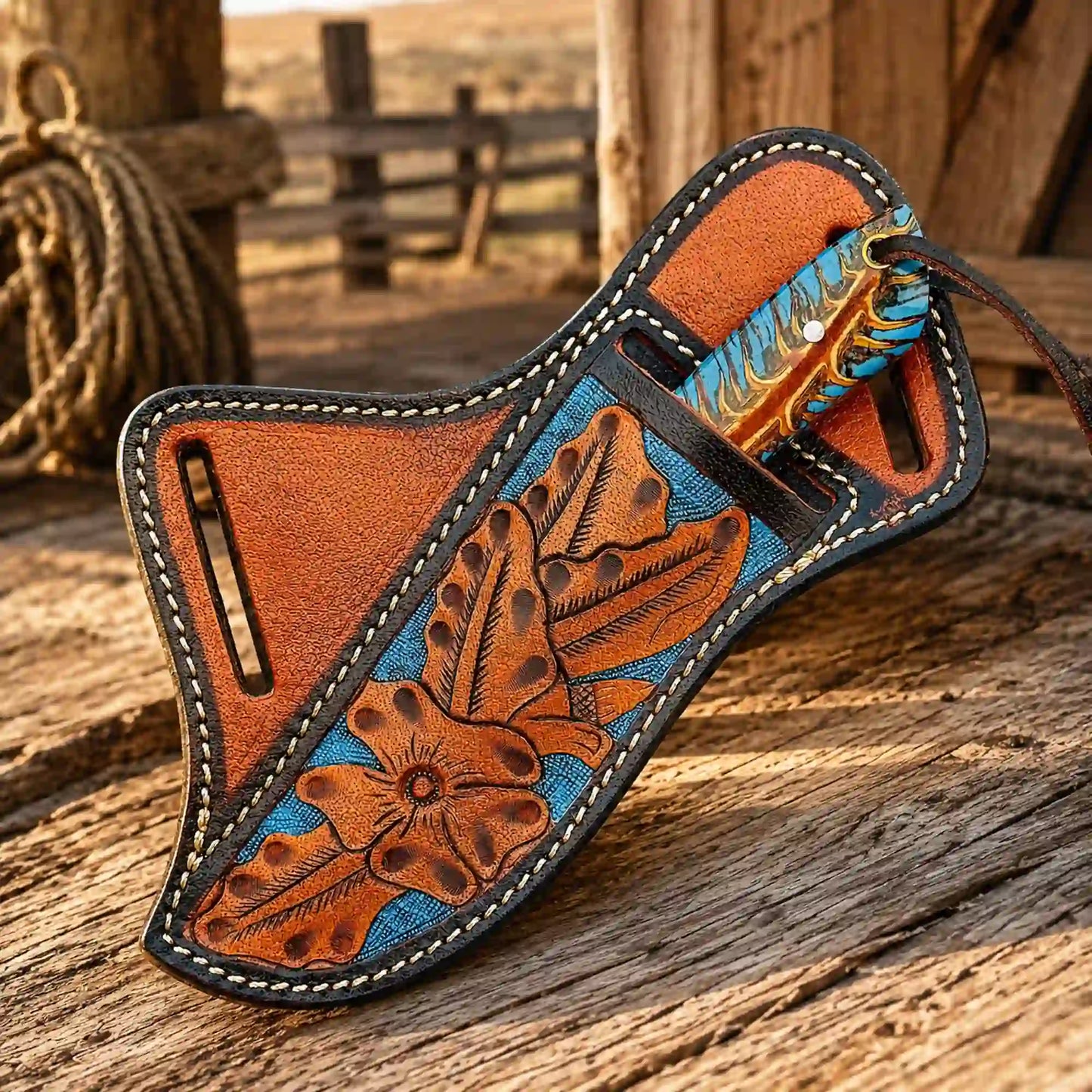 Handcrafted leather sheath on rustic wood