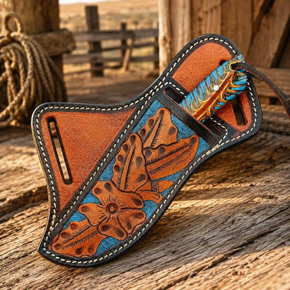 Handcrafted leather sheath on rustic wood