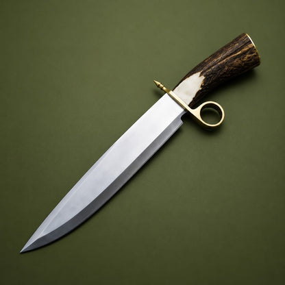 Handmade 1095 carbon steel Bowie knife with brass ring guard