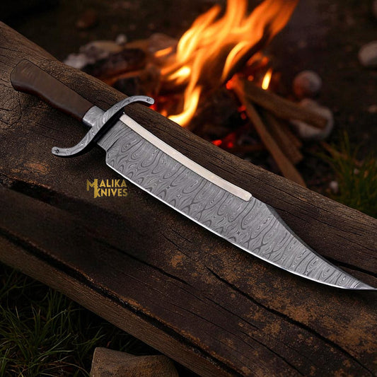 Handmade Alamo Musso Bowie Knife with Damascus steel blade and rosewood handle