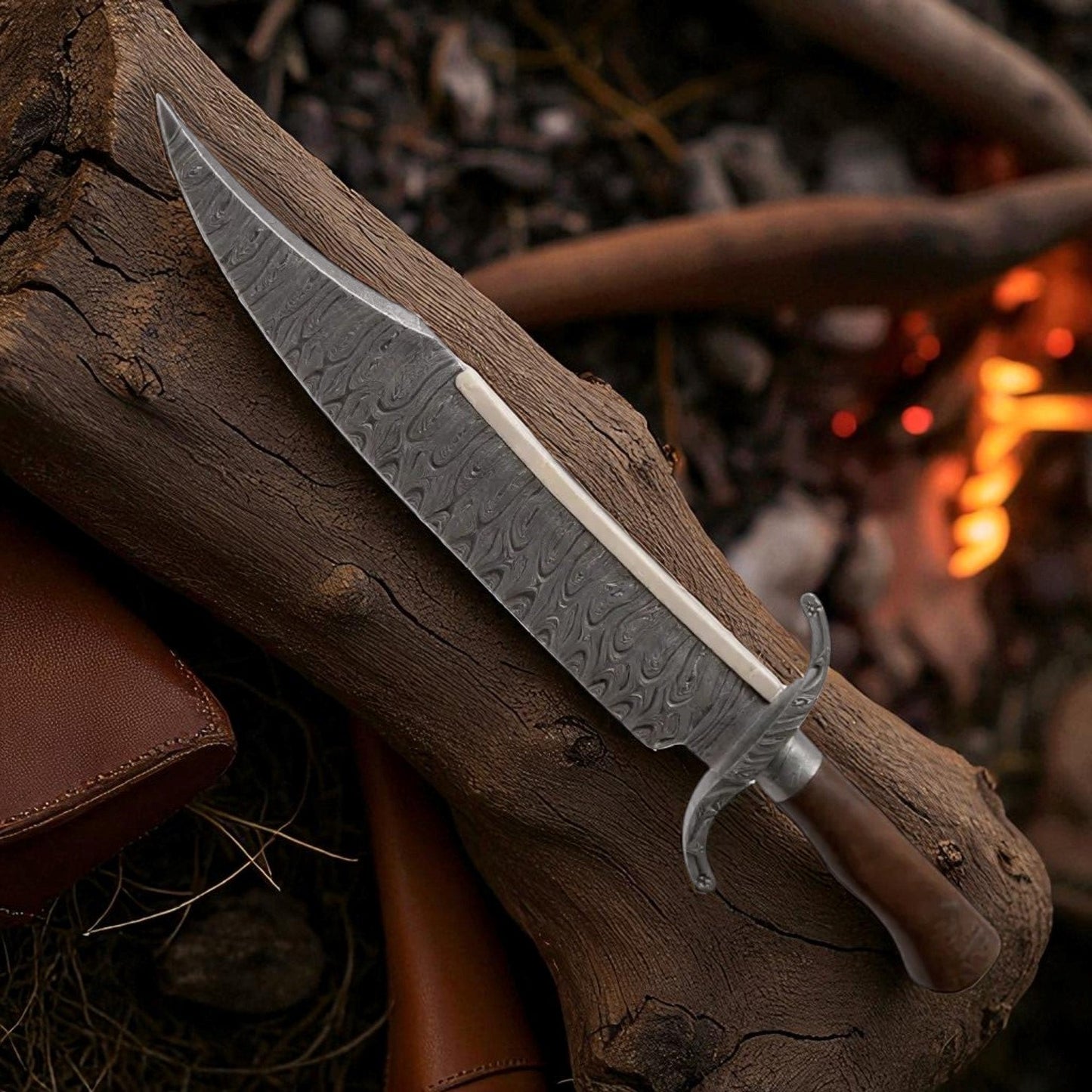 Handmade Alamo Musso Bowie Knife – Damascus Blade with Rosewood Handle & Leather Sheath