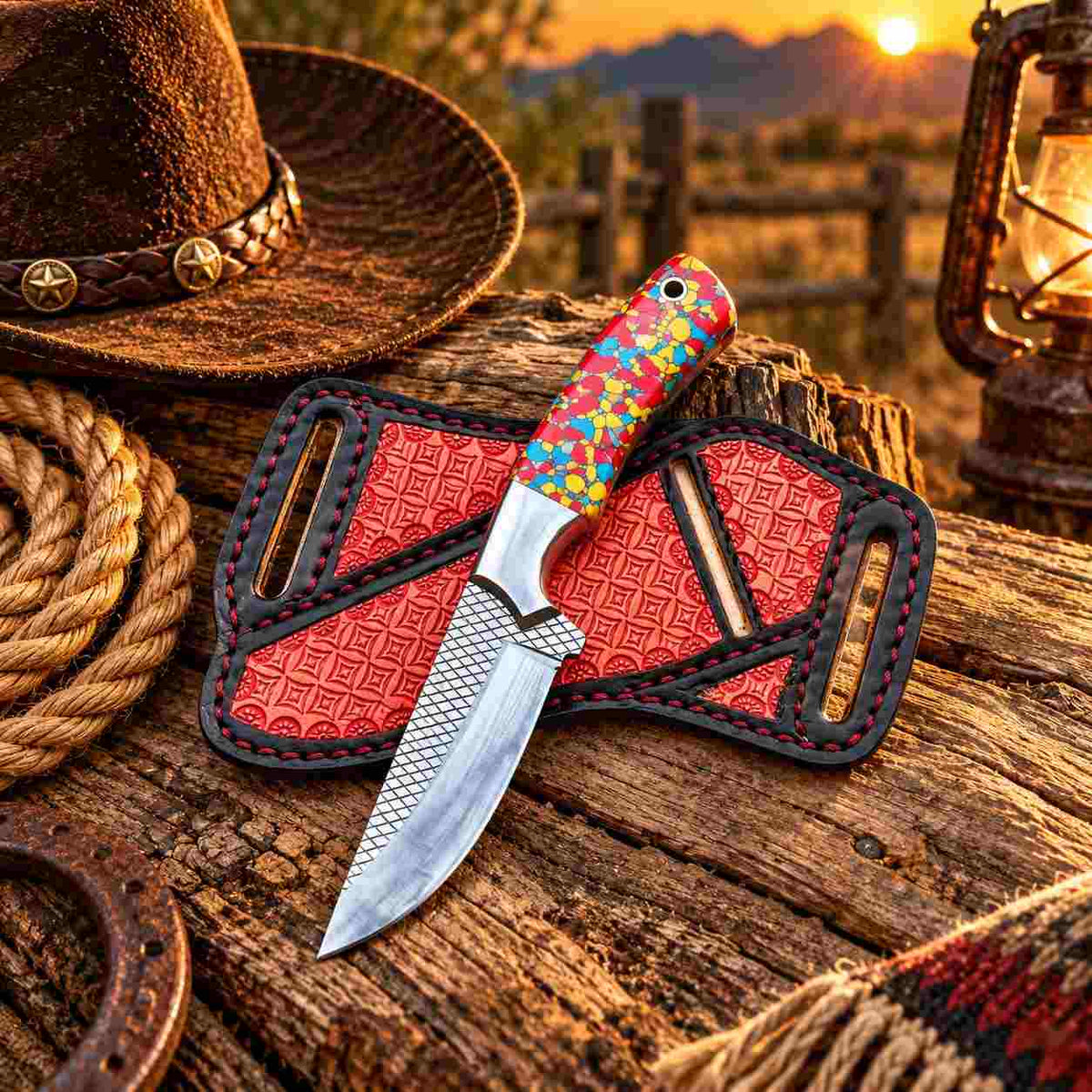 Handmade western bull cutter with decorative cross-draw leather sheath