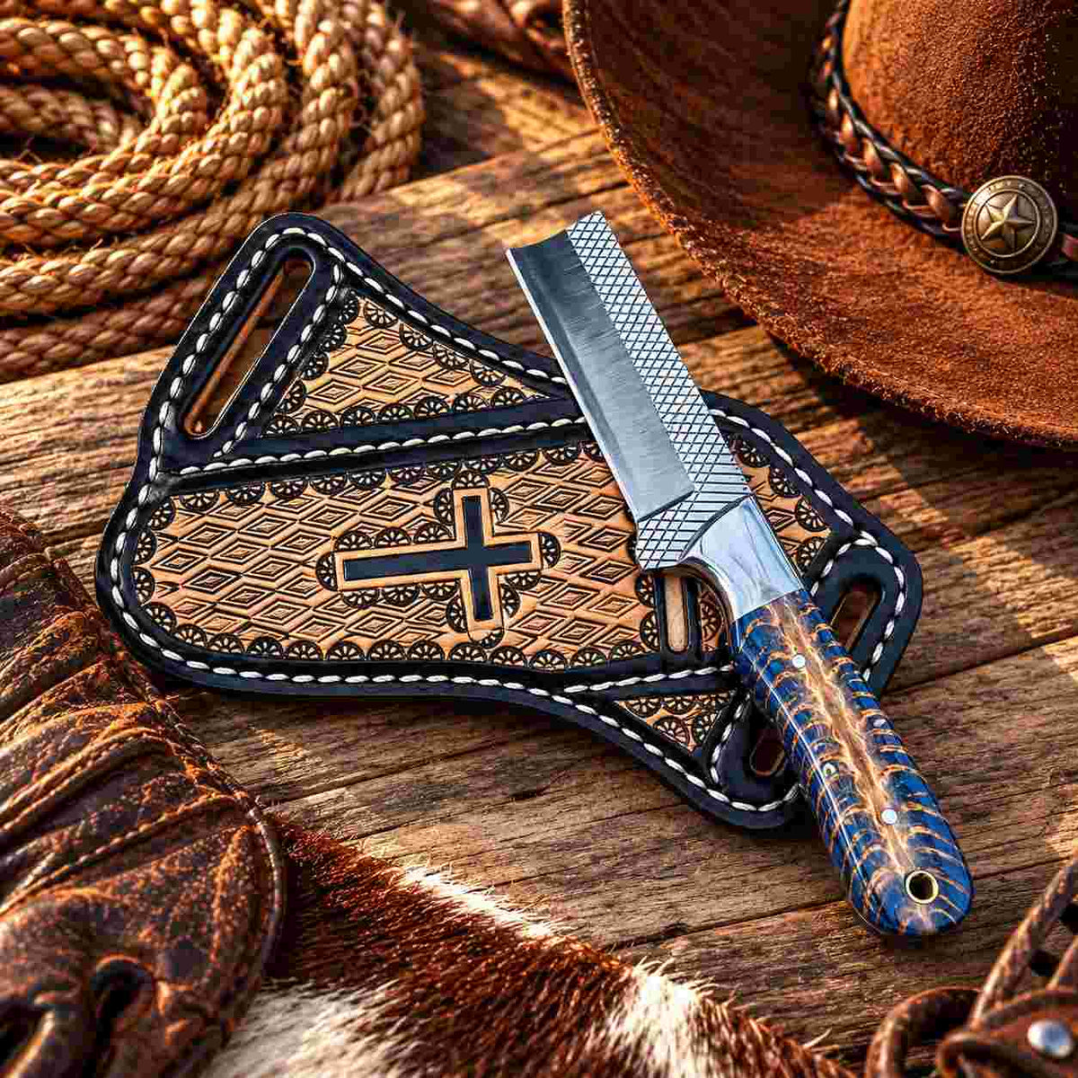 6.5-inch fixed blade knife with patterned resin and pinecone handle
