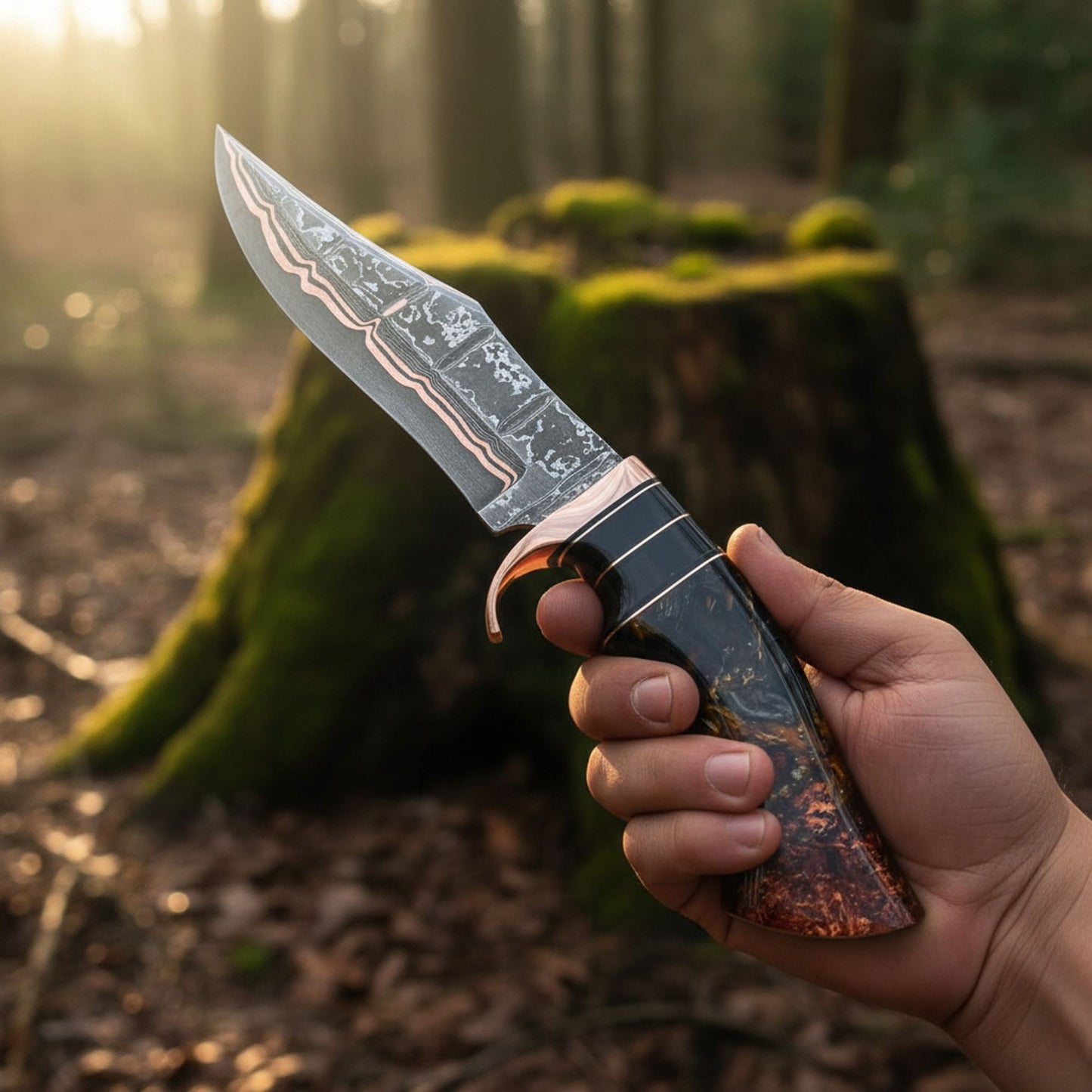 handmade copper damascus knife in hand view