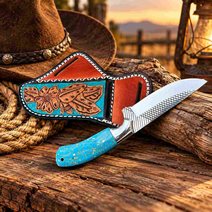 Handmade cowboy skinner knife with cross-draw leather sheath