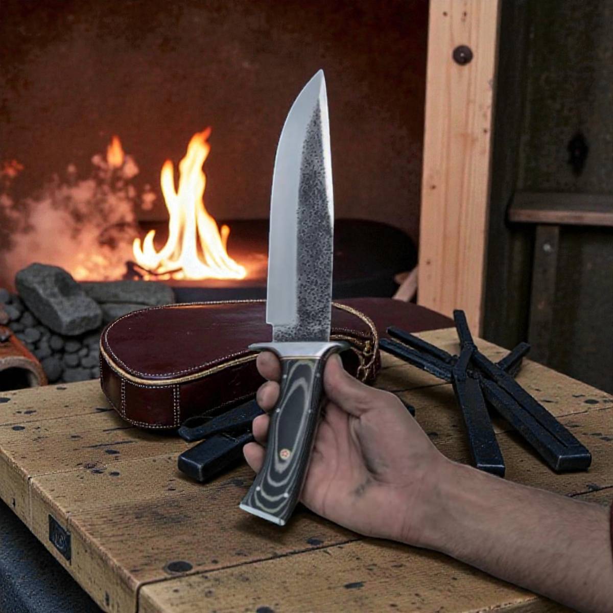 custom d2 steel bowie knife with leather sheath outdoor hunting knife