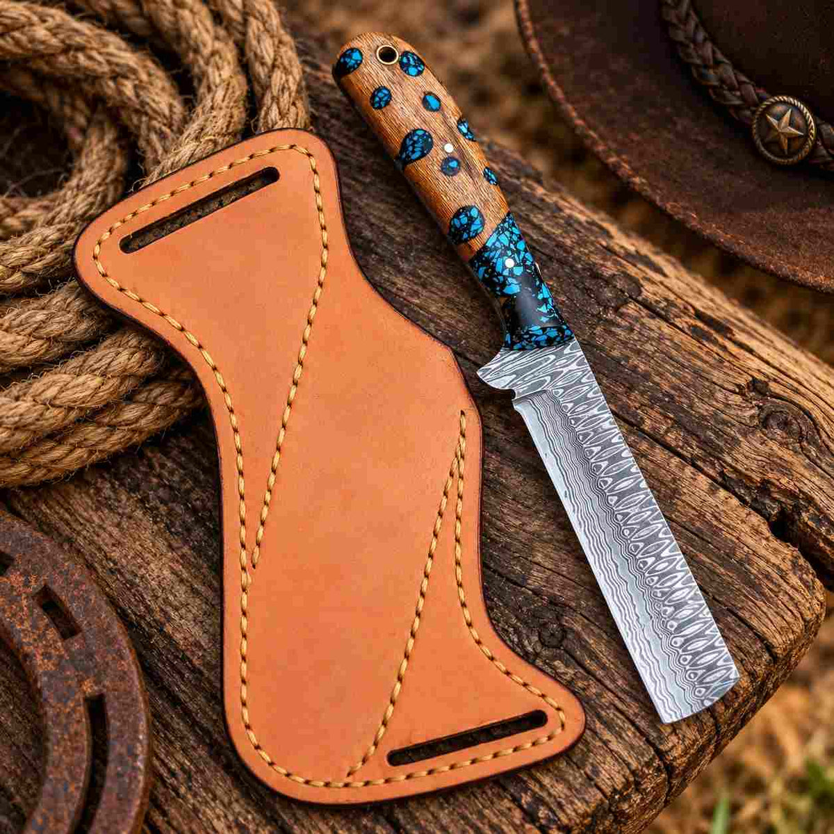 Western Bull Cutter knife with flowing Damascus blade pattern