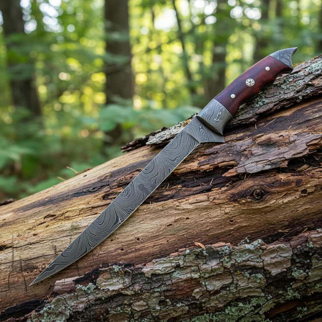 Handmade Damascus fishing fillet knife with 7 inch flexible blade and red micarta handle