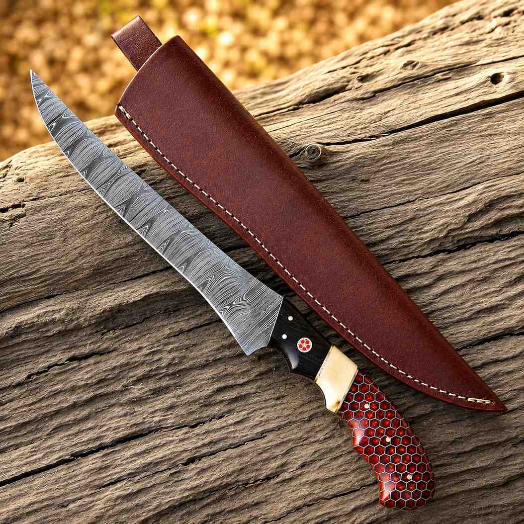Damascus fish fillet knife with red honeycomb handle beside a brown leather sheath on driftwood