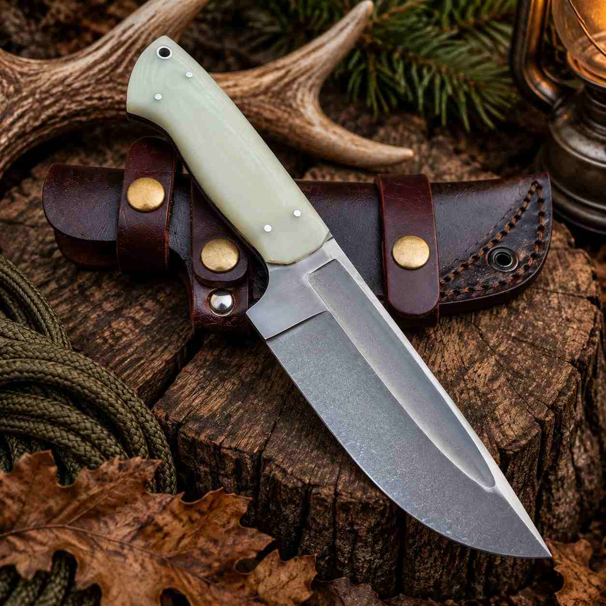 Handmade Damascus fixed blade knife with premium leather sheath