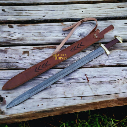 Handmade Viking battle sword with layered Damascus steel