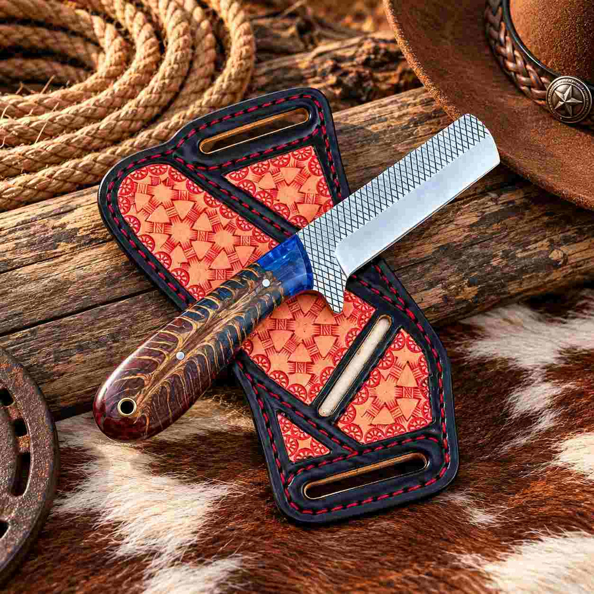 7-inch handmade fixed blade with patterned Horse Rasp steel and leather sheath