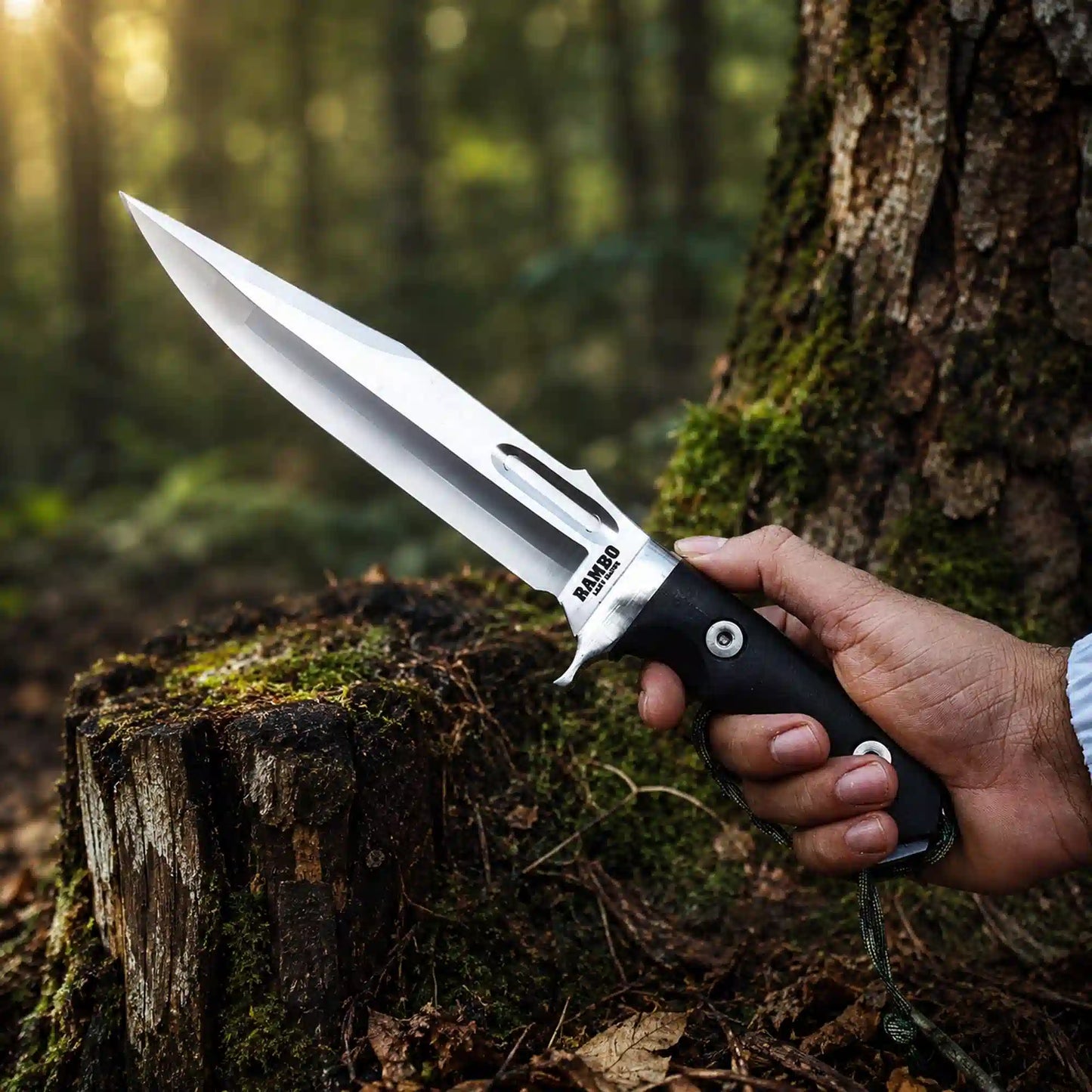 Rambo Last Blood replica knife with D2 clip-point blade held in hand