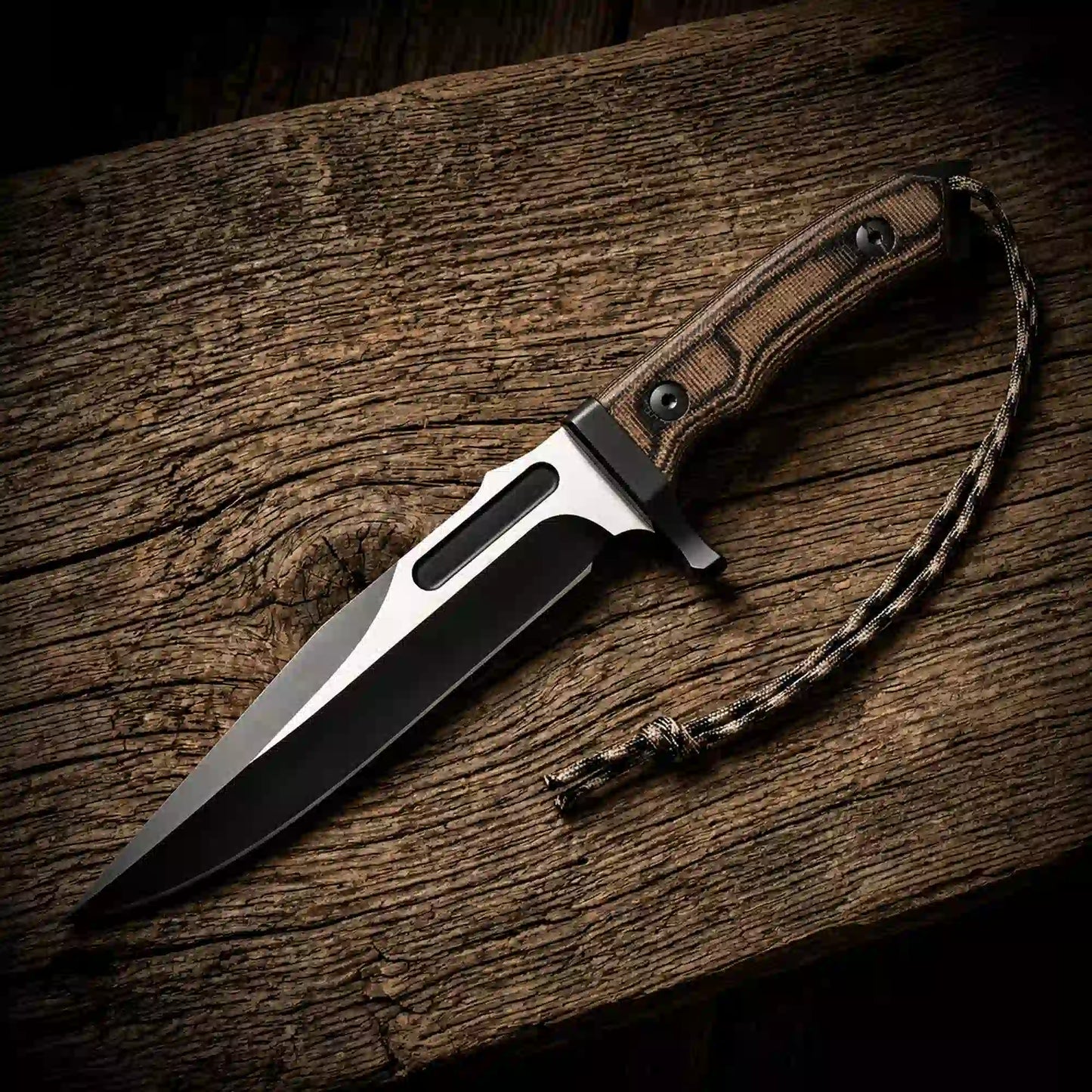 Handmade Rambo-style survival bowie knife with 14 inch D2 spear-point blade and G10 handle
