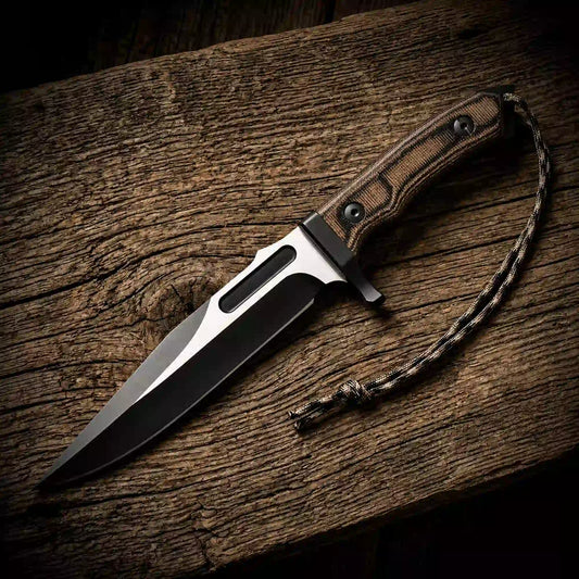 Handmade Rambo-style survival bowie knife with 14 inch D2 spear-point blade and G10 handle