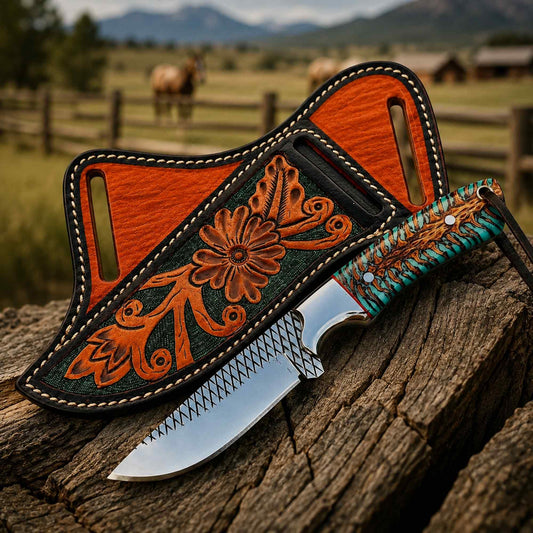 Customised ranch knife with , pinecone handle, and pancake leather sheath