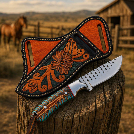 Handmade ranch knife with D2 forged rasp steel blade, pinecone handle, and pancake leather sheath