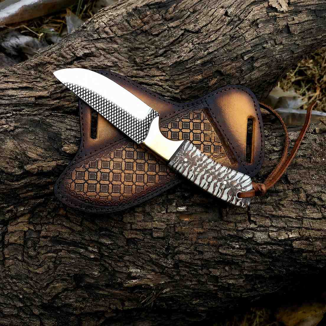 Rasp steel skinner knife with textured spine and pine cone handle across a tooled leather sheath