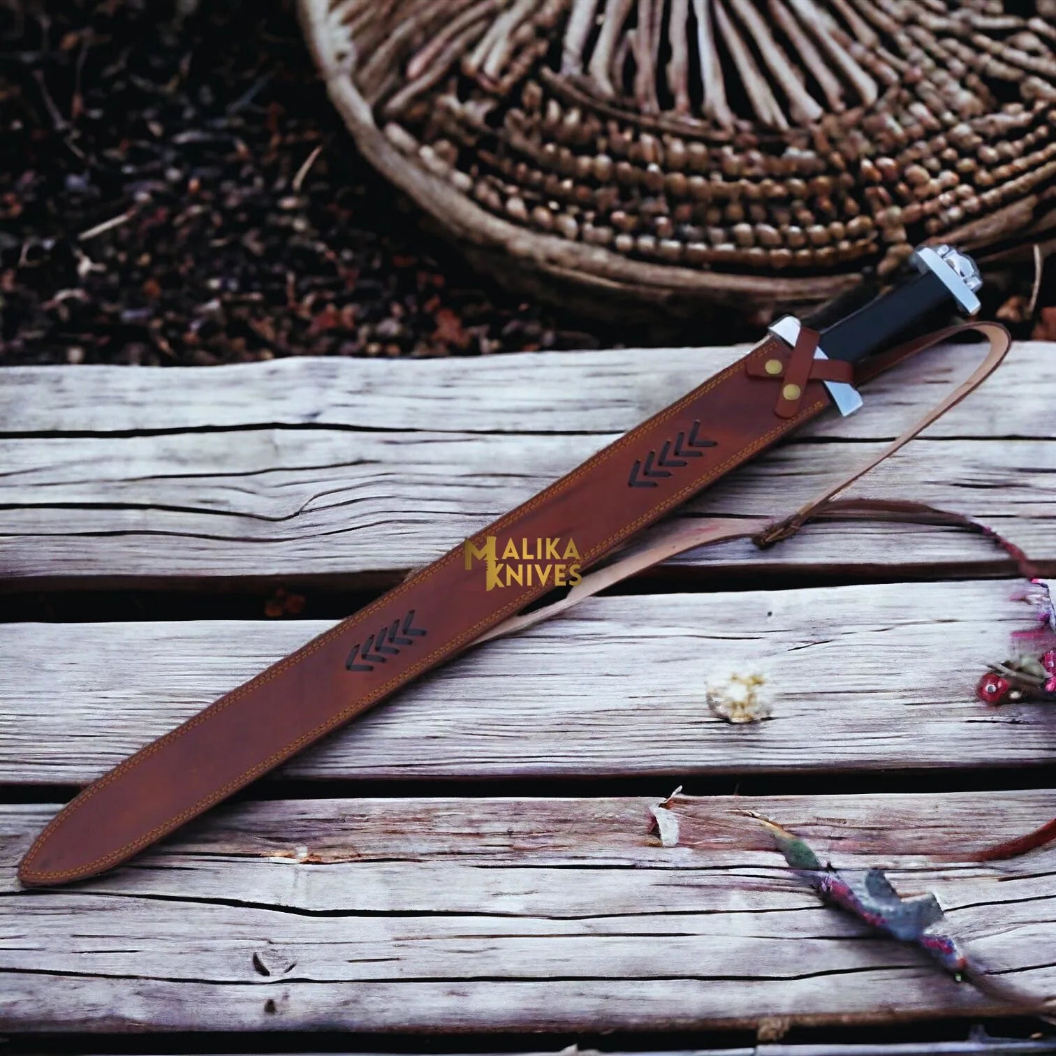Viking-inspired handmade sword for collectors in leather sheath