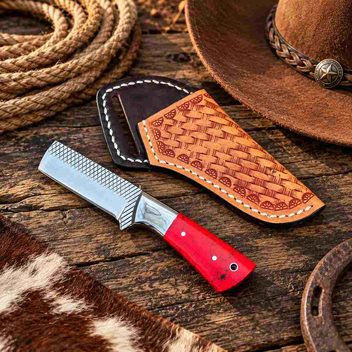 Handmade 6-inch western bull cutter with patterned blade and leather sheath