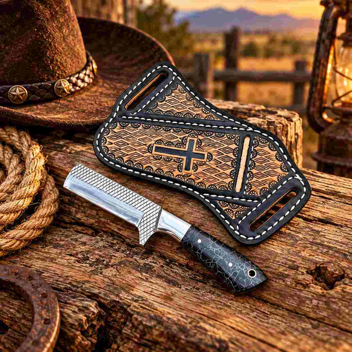 Handmade western bull cutter with cross-draw leather sheath
