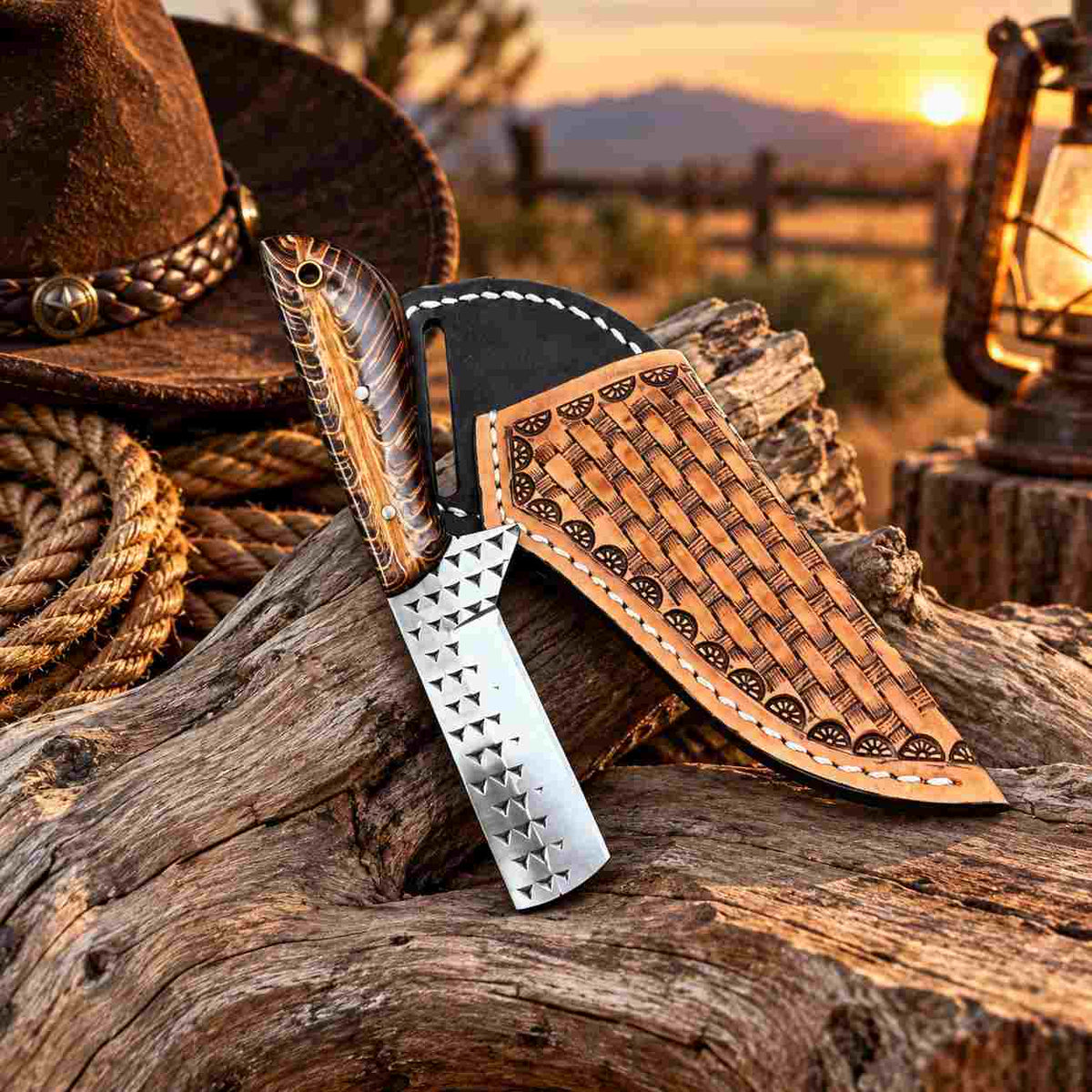 	

Handmade western bull cutter with cross-draw leather sheath