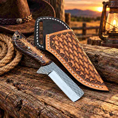 6-inch fixed blade with Horse Rasp Stainless Steel construction and leather sheath